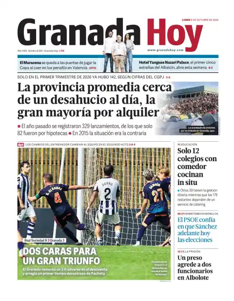 Capa do Granada Hoy de 5 de outubro de 2026. Manchete: A província faz uma média de um despejo por dia, a maioria por falta de pagamento de renda.