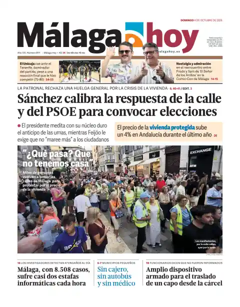 Capa do Málaga Hoy de 4 de outubro de 2026. Manchete: Sánchez calibra a resposta da rua e do PSOE para convocar eleições.