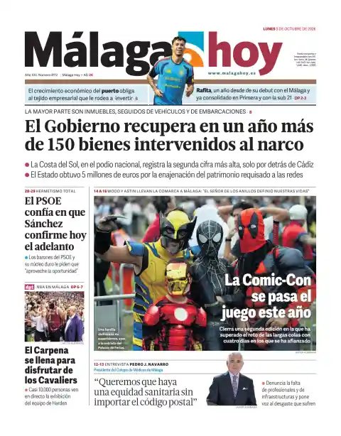 Capa do Málaga Hoy de 5 de outubro de 2026. Manchete: O Governo recupera em um ano mais de 150 bens apreendidos ao narcotráfico.