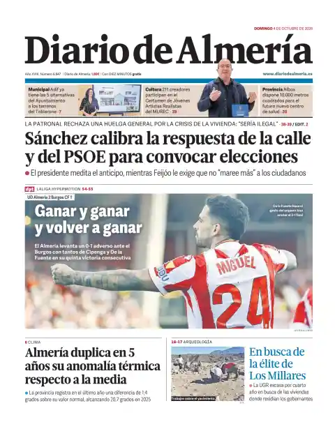 Diario de Almería front page, 4 October 2026. Headline: Sánchez calibrates street and PSOE response to call elections.