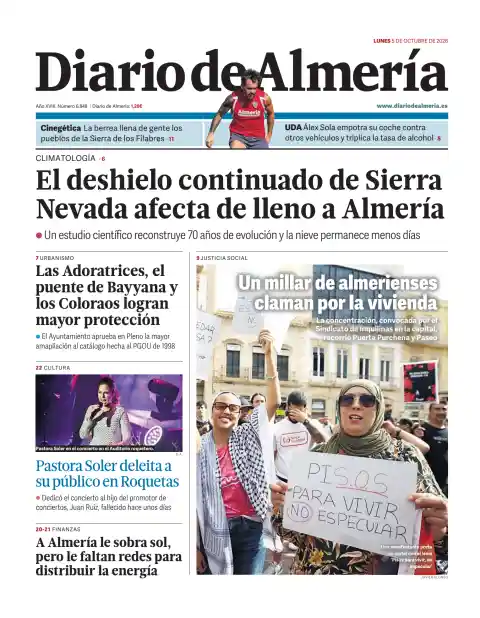 Diario de Almería front page, 5 October 2026. Headline: Continued thaw of Sierra Nevada affects Almería fully.