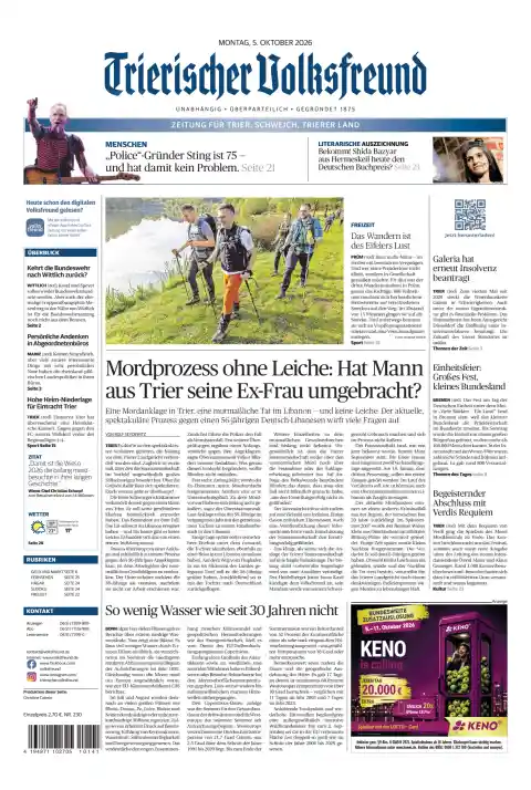 Capa do Trierischer Volksfreund de 5 de outubro de 2026. Manchete: Processo de homicídio sem cadáver: terá homem de Trier morto sua ex-mulher?