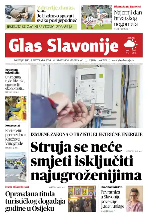 Portada de Glas Slavonije del 5 de octubre de 2026. Titular: La energía eléctrica no podrá ser cortada en situaciones de dificultad.