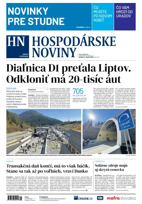 Capa do Hospodárske noviny de 5 de outubro de 2026. Manchete: Autoestrada D1 inunda Liptov. Desvios terão 20 mil veículos.
