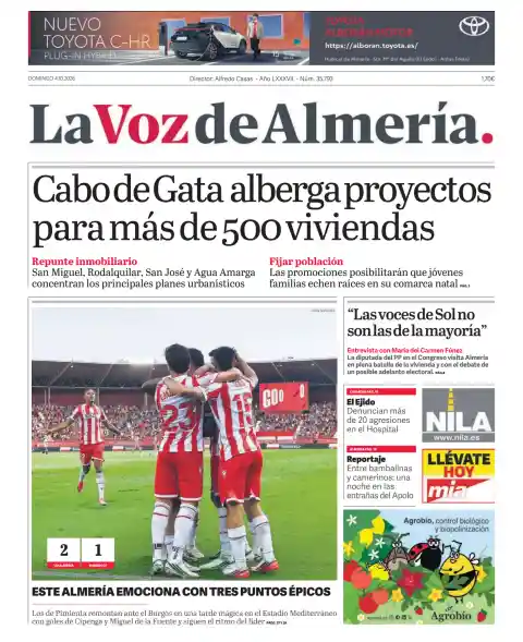 Capa do La Voz de Almería de 4 de outubro de 2026. Manchete: Cabo de Gata alberga projetos para mais de 500 habitações.