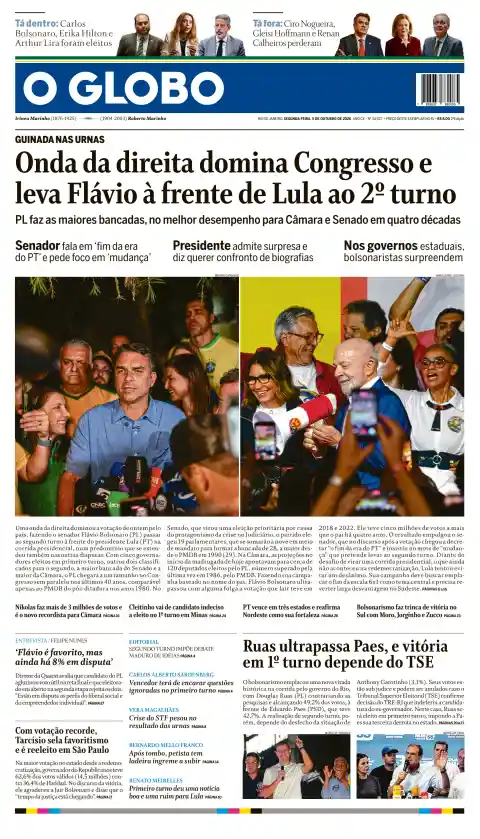 Capa de O Globo de 5 de outubro de 2026. Manchete: Onda da direita domina o Congresso e coloca Flávio à frente de Lula na segunda volta.