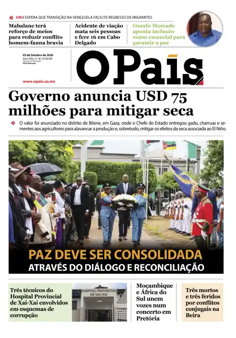 Capa de O País (Moçambique) de 5 de outubro de 2026. Manchete: Governo anuncia 75 milhões de dólares para mitigar a seca.