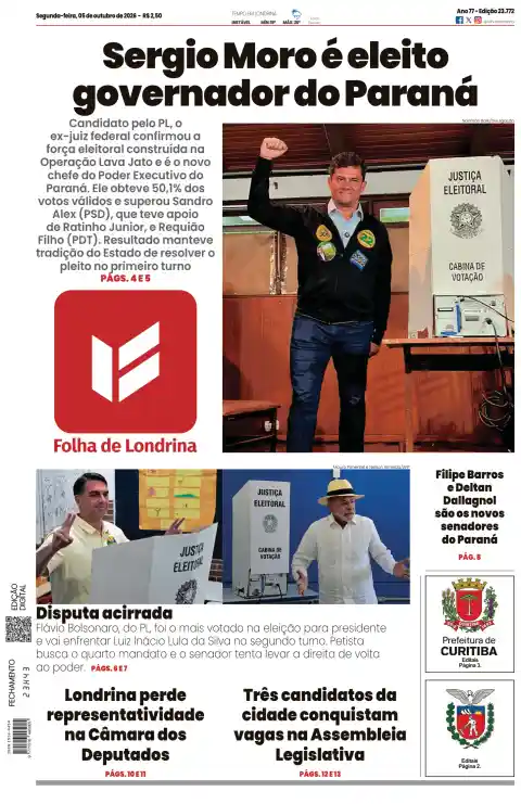 Capa do Folha de Londrina de 5 de outubro de 2026. Manchete: Sergio Moro é eleito governador do Paraná.
