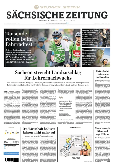 Capa do Sächsische Zeitung de 5 de outubro de 2026. Manchete: Milhares andam de bicicleta na festa ciclista.