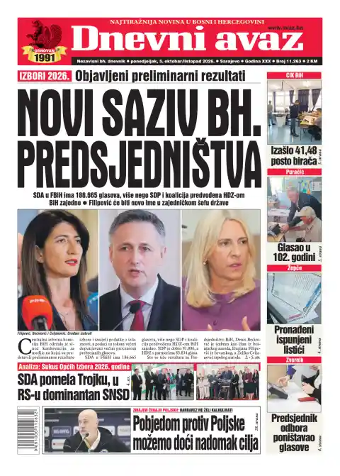 Capa do Dnevni avaz de 5 de outubro de 2026. Manchete: Novo mandato da presidência da Bósnia e Herzegovina.