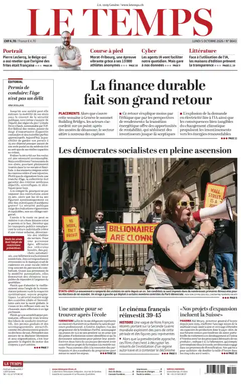 Le Temps front page, 5 October 2026. Headline: Sustainable finance makes a big comeback.