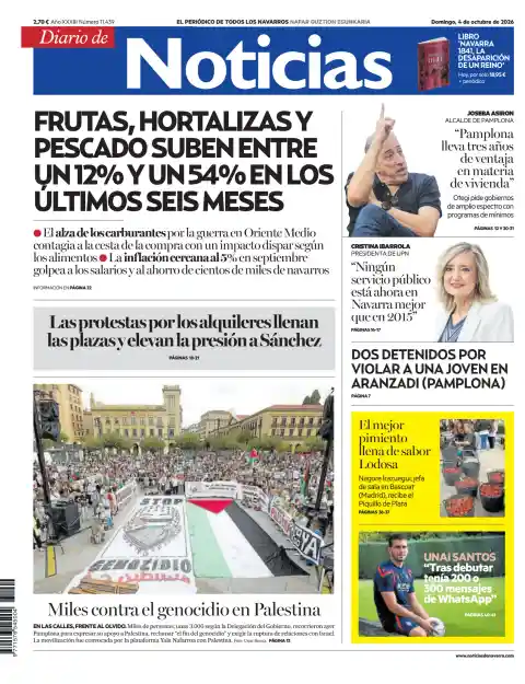 Diario de Noticias (Navarra) front page, 4 October 2026. Headline: Fruit, vegetables and fish rise between 12% and 54% over the past six months.