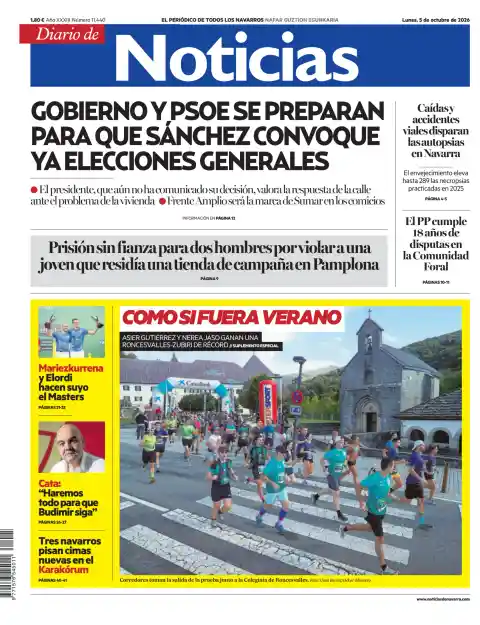 Diario de Noticias (Navarra) front page, 5 October 2026. Headline: Government and PSOE prepare for Sánchez to call general elections now.