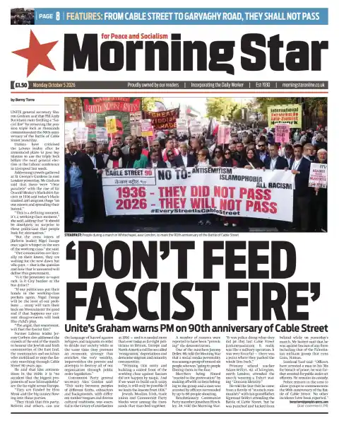 Capa do Morning Star de 5 de outubro de 2026. Manchete: 'Não alimentem o fogo fascista'.