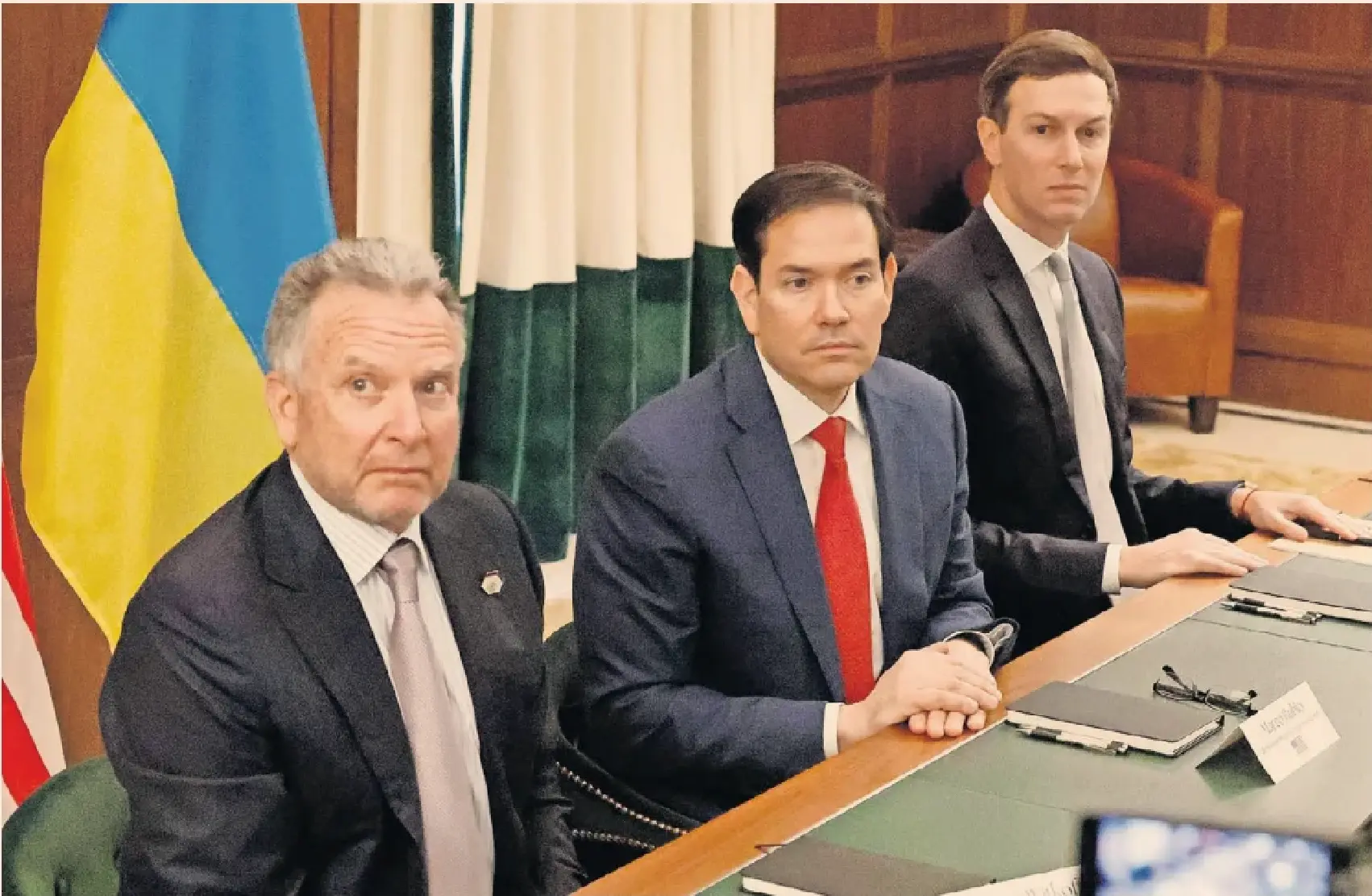 High table: from left, Trump envoy Steve Witkoff, US secretary of state Marco Rubio and Jared Kushner meet Ukrainian officials yesterday