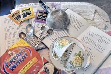 Some of Bubbe's cook­ing good­ies that Lisa Goldberg still has: the fa­mous cream of wheat; tea; her nana Goldberg's tea cups and Lisa's great-grand­mother's quilt. The cook­books are fa­mous Jewish ones en­ti­tled: A trea­sure for my daugh­ter.