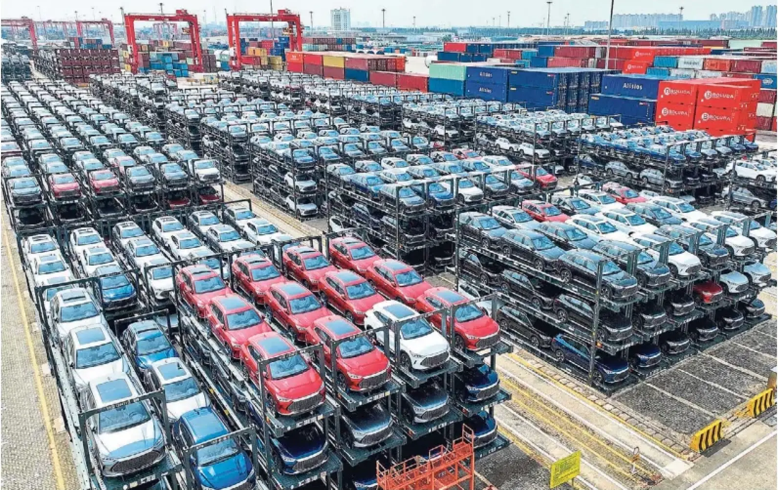 Electric cars are loaded on a ship in China. EU officials have said Chinese EV makers benefit from “unfair” subsidization.