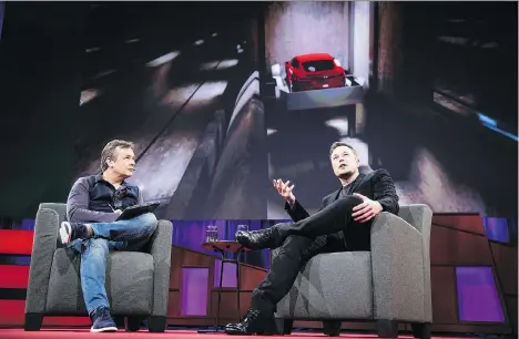 TED Talks cu­ra­tor Chris An­der­son, left, in­ter­views Tesla founder and tech vi­sion­ary Elon Musk in Van­cou­ver on Fri­day.
