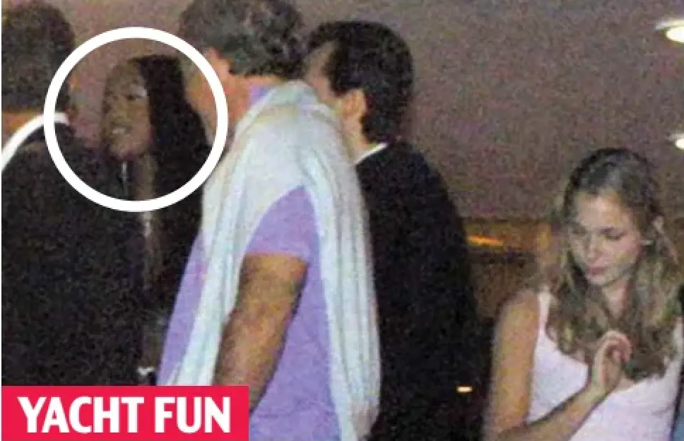 YACHT FUN Party: Naomi Campbell in St Tropez in 2001 with a guest thought to be Epstein, in lilac, and Virginia Giuffre