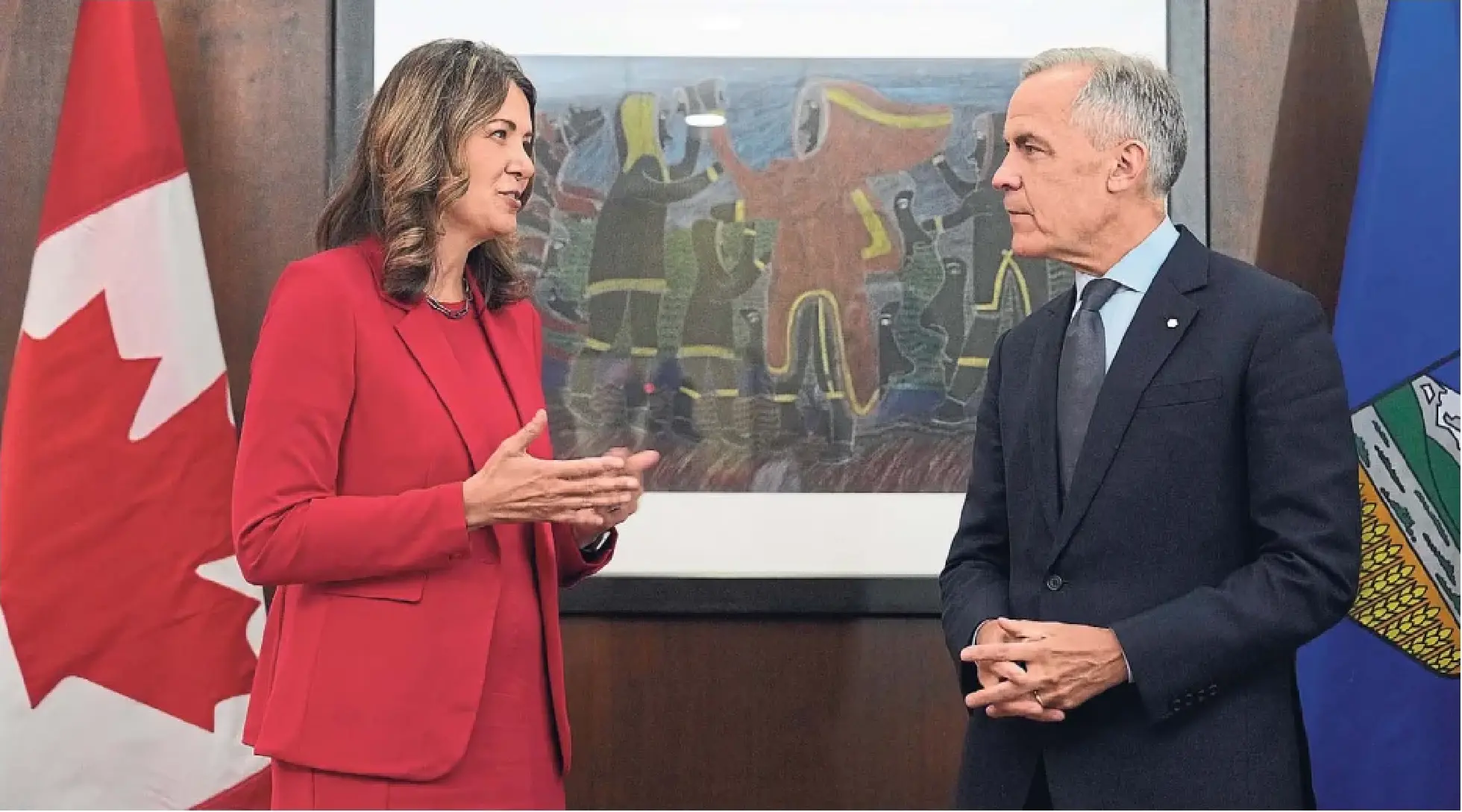 Prime Minister Mark Carney and Alberta Premier Danielle Smith meet in Ottawa last month. Some believe the prime minister wants to say “no” to Smith's request for a new oil pipeline, and that the vehement opposition of Indigenous groups and the B.C. premier are a cover to get there.