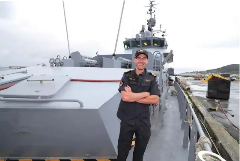 The HMNZS Taupō moored at Bluff’s South Port earlier this month, ahead of a trip around Stewart Island with lieutenant commander Toby Mara on board.